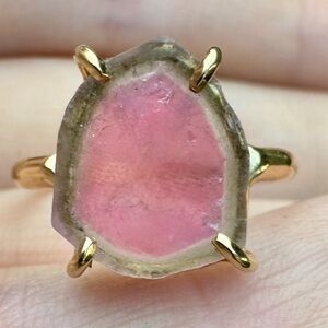 Rare!!$2955 solid 14k gold genuine watermelon tourmaline slice ring custom made